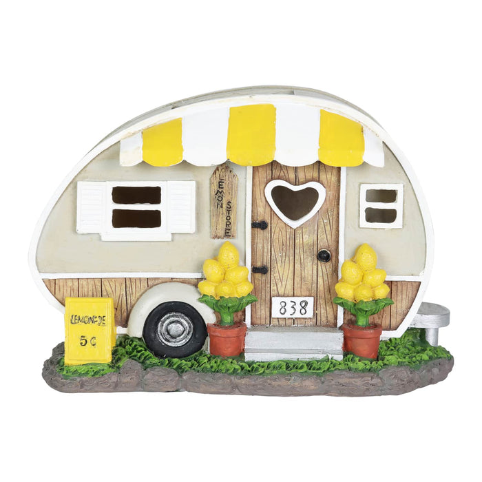 Solar Hand Painted Lemonade Camping Trailer Statue, 9.5 by 6 Inches