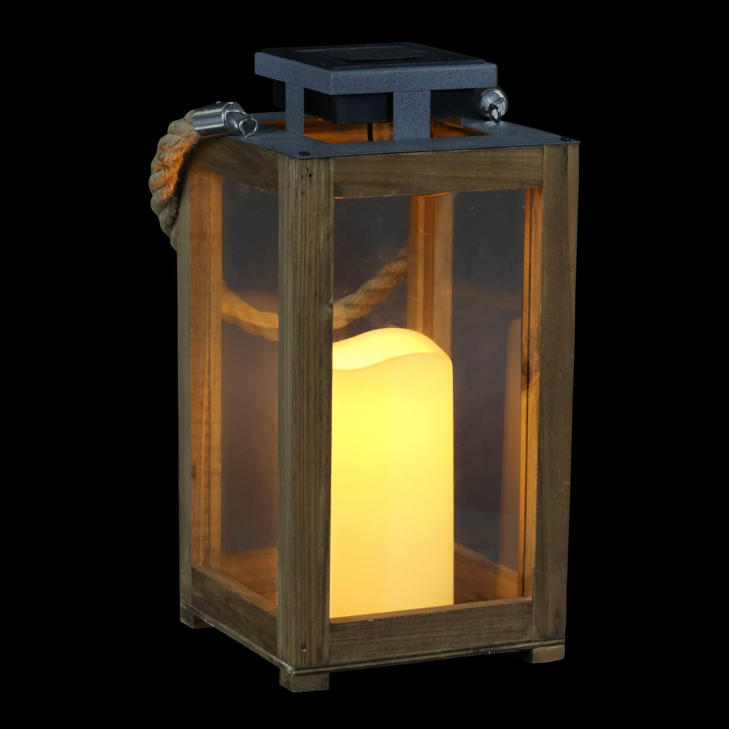 Solar Wood and Glass Lantern w/LED Candle - Thumbnail 5