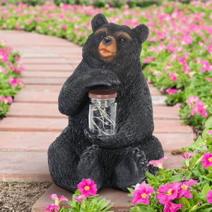 Solar Bear Garden Statue Holding A Glass Jar with Eight LED Firefly String Lights, 8.5 x 10.5 Inch | Exhart