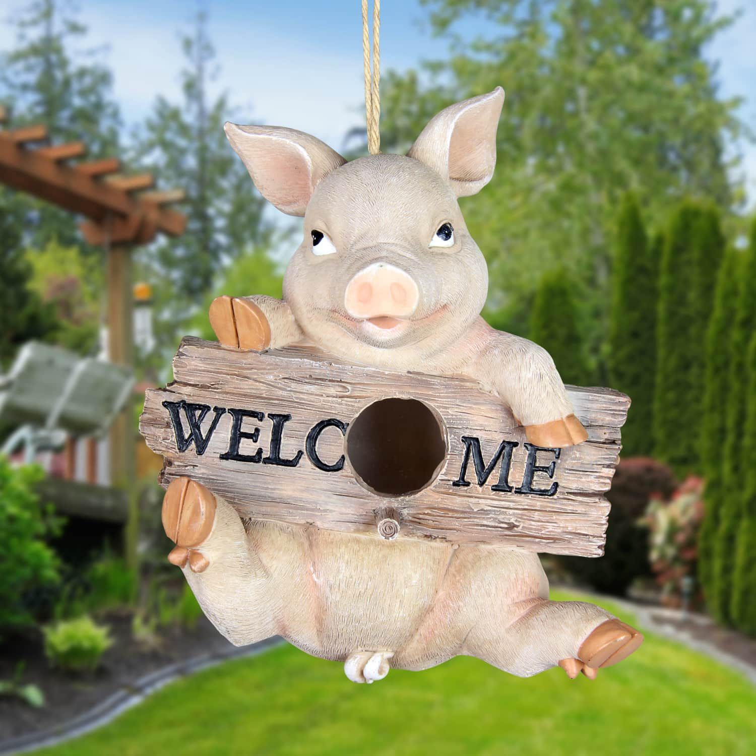 Hand Painted Pig with Welcome Sign Hanging Resin Bird House - Thumbnail 3