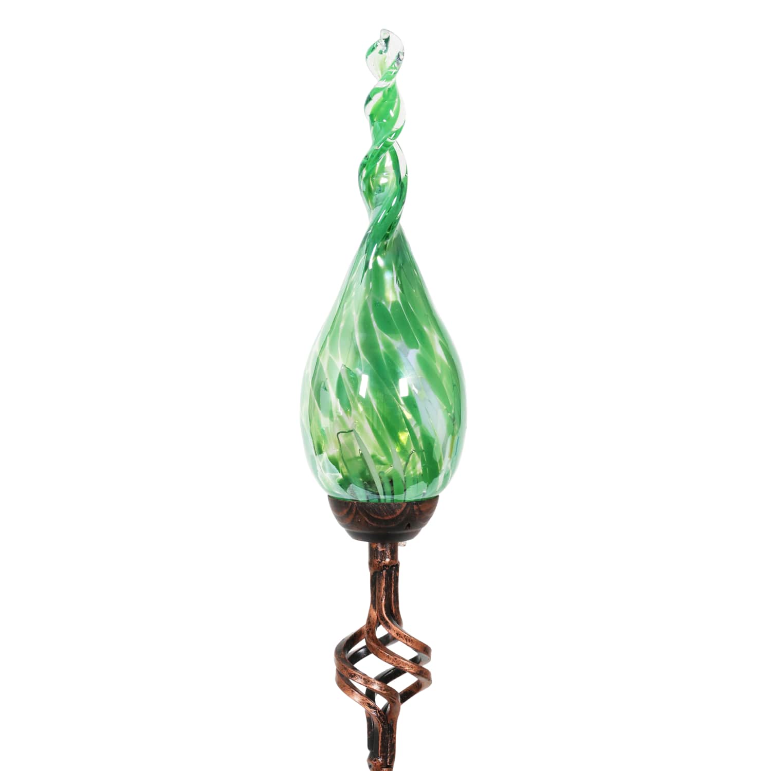 Solar Pearlized Hand Blown Green Glass Twisted Flame Garden Stake with Metal Finial Detail, 36 Inch | Exhart