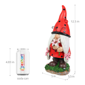 Solar Ladybug Hat Lady Gnome Statue with Pink Flower, 5 by 12.5 Inches | Shop Garden Decor by Exhart