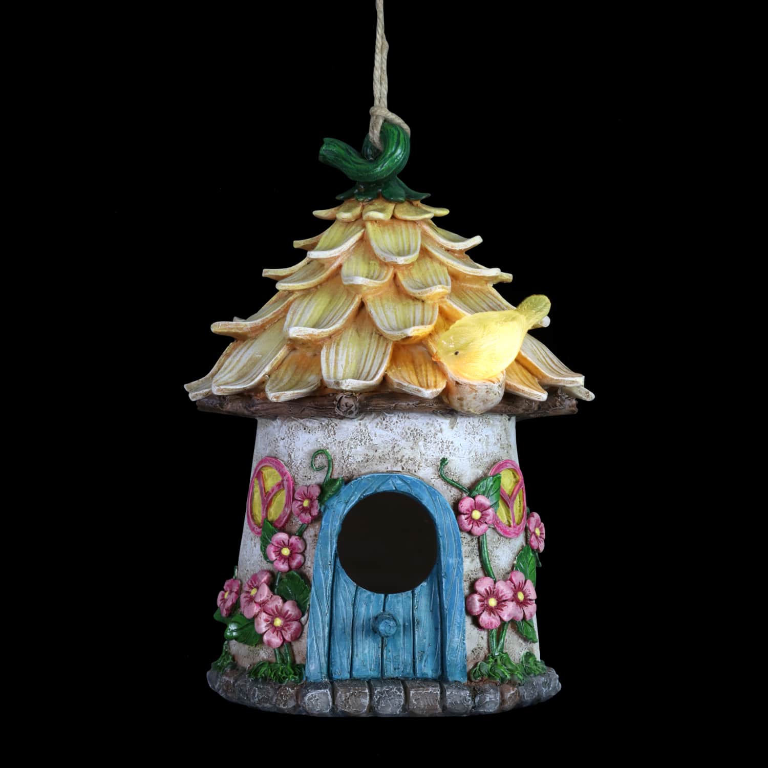 Solar Hand Painted Fairy House Hanging Bird House with Illuminating Bird - Thumbnail 3