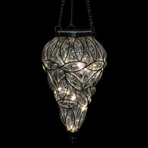 Solar Tear Shaped Clear Glass and Metal Hanging Lantern with 15 Warm White LED Fairy Firefly String Lights, 7 by 24 Inches | Exhart