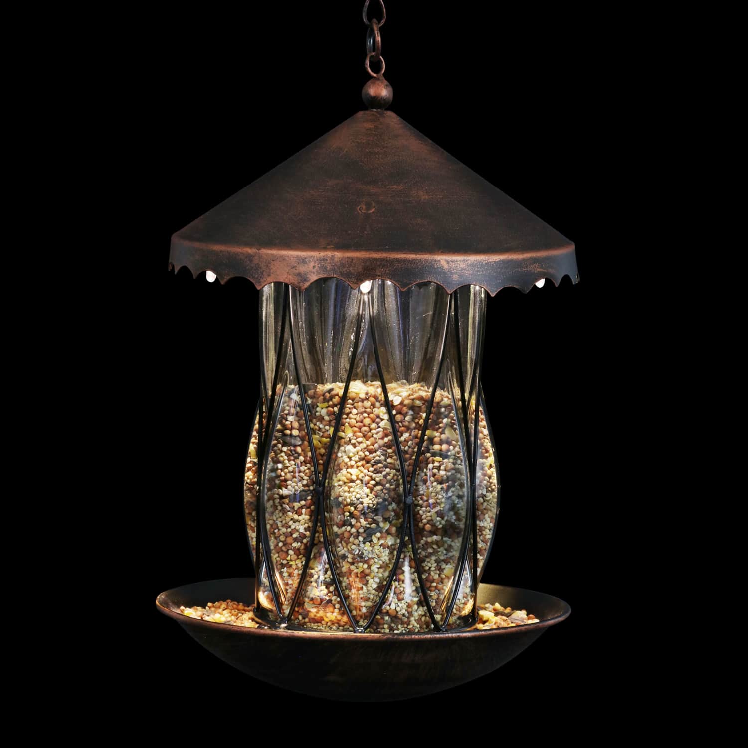 Solar Bronze Bird Feeder in Clear Diamond Glass Pattern with Four LED Lights