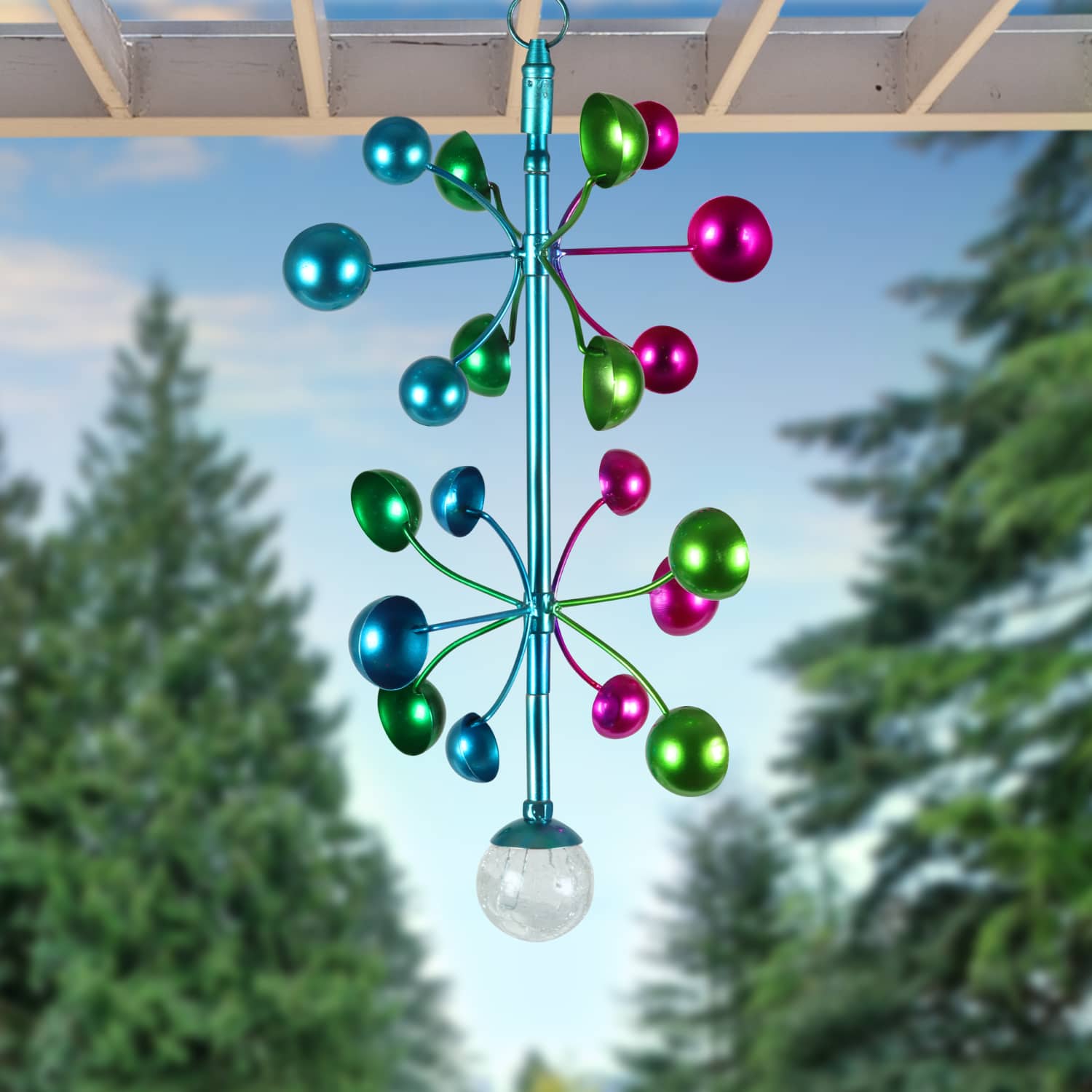 Art-In-Motion 2 Tiered Colorful Hanging Metal Cup Spinner with Glass Crackle Ball - Thumbnail 3