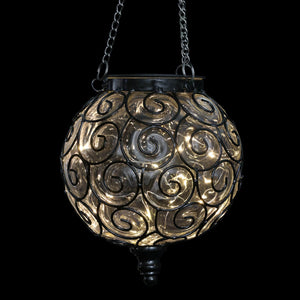 Solar Round Clear Glass and Metal Hanging Lantern with 15 Warm White LED Firefly String Lights, 7 by 21 Inches | Exhart
