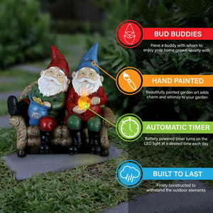 Good Time Bud Buddies Gnomes Smoking Marijuana with Light Up LEDs on a Battery Timer, Indoor or Outdoor, 10 Inch | Exhart
