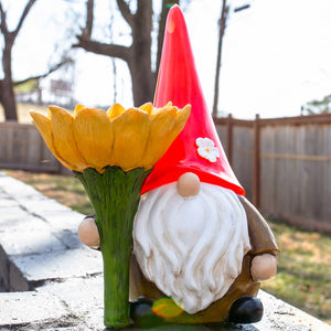 Solar Sunflower Simon Garden Gnome Statue, 12 Inch | Shop Garden Decor by Exhart