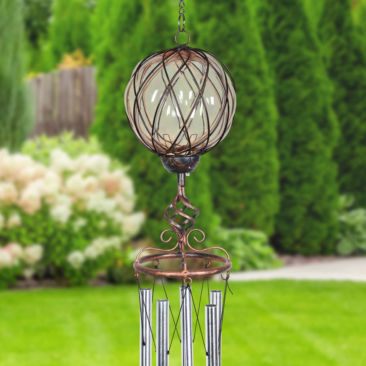 Solar Caged Amber Glass Wind Chime with Metal Finial