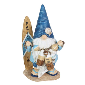 Solar Surfer Beach Hand Painted Garden Gnome Statue with Party Time Surf Board, 7.5 by 12.5 Inches | Exhart