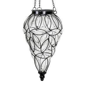 Solar Tear Shaped Clear Glass and Metal Hanging Lantern with 15 Warm White LED Fairy Firefly String Lights, 7 by 24 Inches | Exhart