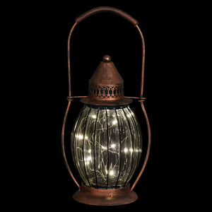 Solar Antique Metal and Clear Glass Accent Lantern with Fifteen LED Fairy Firefly String Lights, 7 by 14 Inches | Exhart