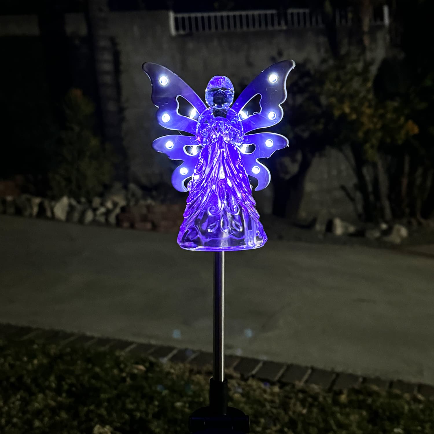 Solar Acrylic Angel with Wings and Twelve LED lights Metal Garden Stake in Purple, 4 by 34 Inches | Exhart