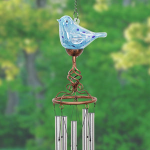 Solar Hand Blown Pearlized Glass Bird Wind Chime in Turquoise, 7 by 44 Inches | Shop Garden Decor by Exhart
