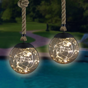 Solar Powered Hanging Champagne LED Ball Lights, Set of Two, 6 by 38 Inches | Shop Garden Decor by Exhart