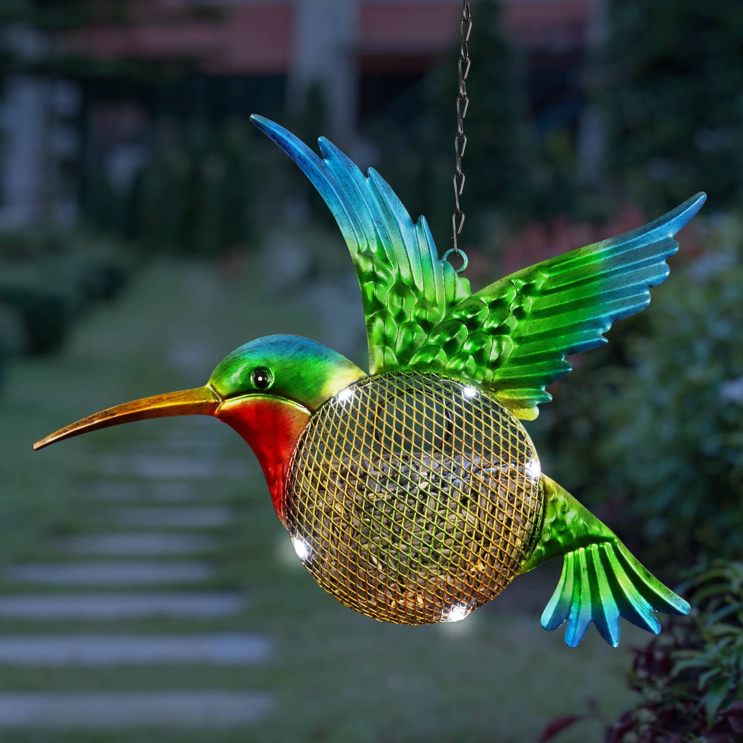 Solar Hanging Metal Mesh Hummingbird Bird Feeder - Thumbnail 5