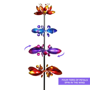 Lotus Flower Wind Spinner Garden Stake with Four Metallic Flowers, 17 by 76 Inches | Shop Garden Decor by Exhart