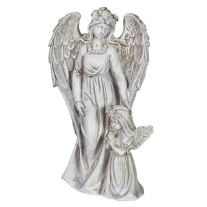 Angel and Little Girl Angel Resin Garden Statue with LED Halo on a Battery Powered Timer, 8 by 14 Inches | Exhart