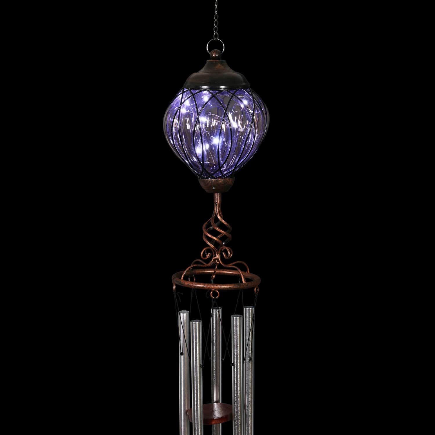Solar Metal Wire and Glass Wind Chime in Lavender with Linking Oval Pattern and Nine LED Fairy Firefly String Lights - Thumbnail 2