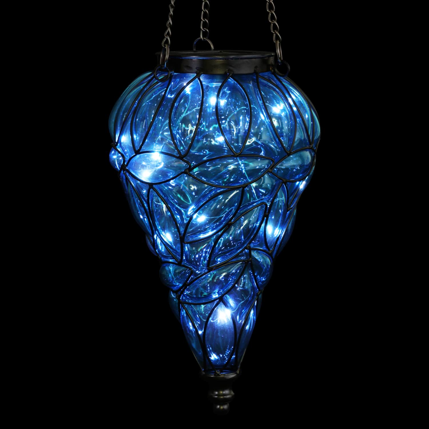 Solar Tear Shaped Glass and Metal Hanging Lantern in Blue with 15 Cool White LED Firefly String Lights, 7 by 24 Inches | Exhart