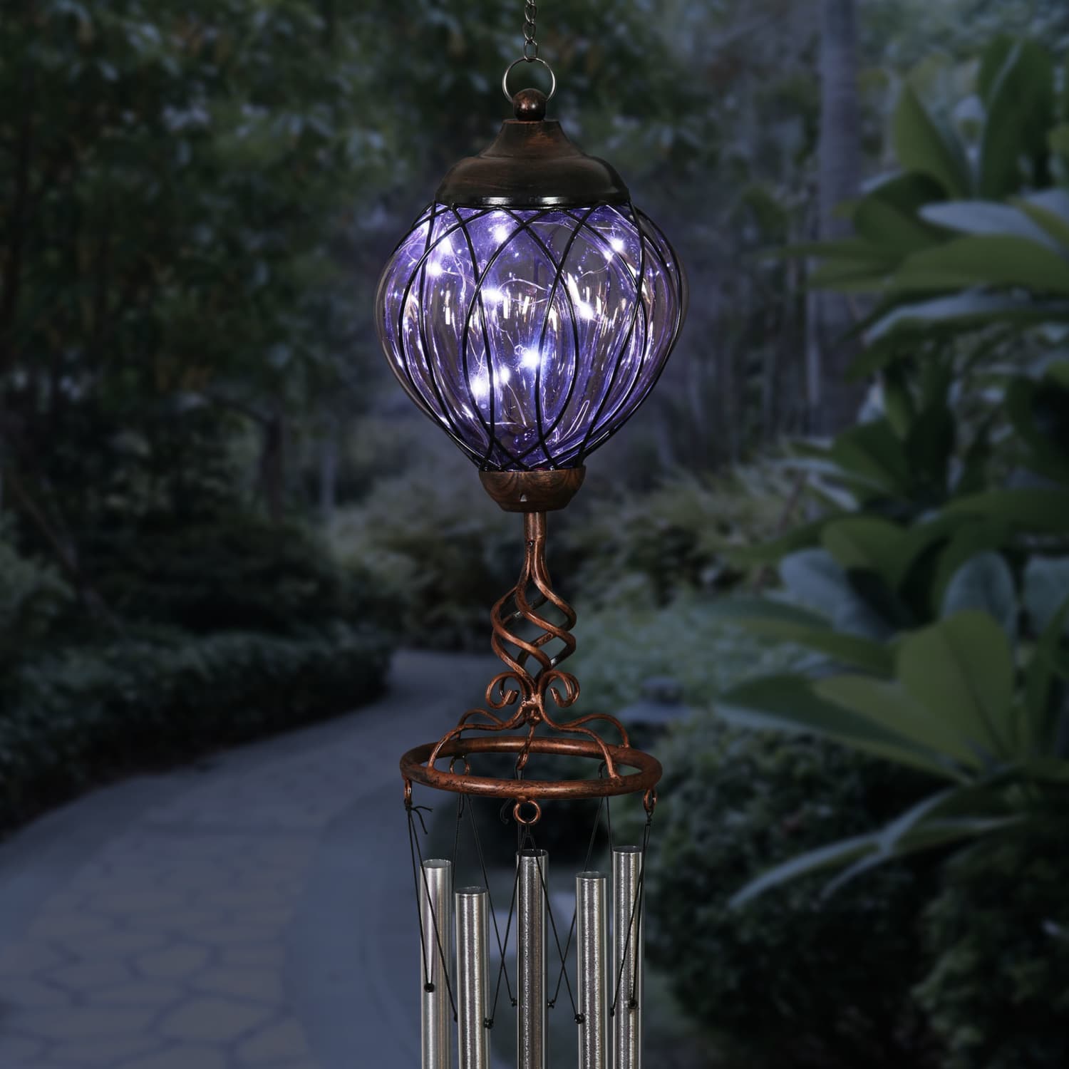 Solar Metal Wire and Glass Wind Chime in Lavender with Linking Oval Pattern and Nine LED Fairy Firefly String Lights - Thumbnail 3
