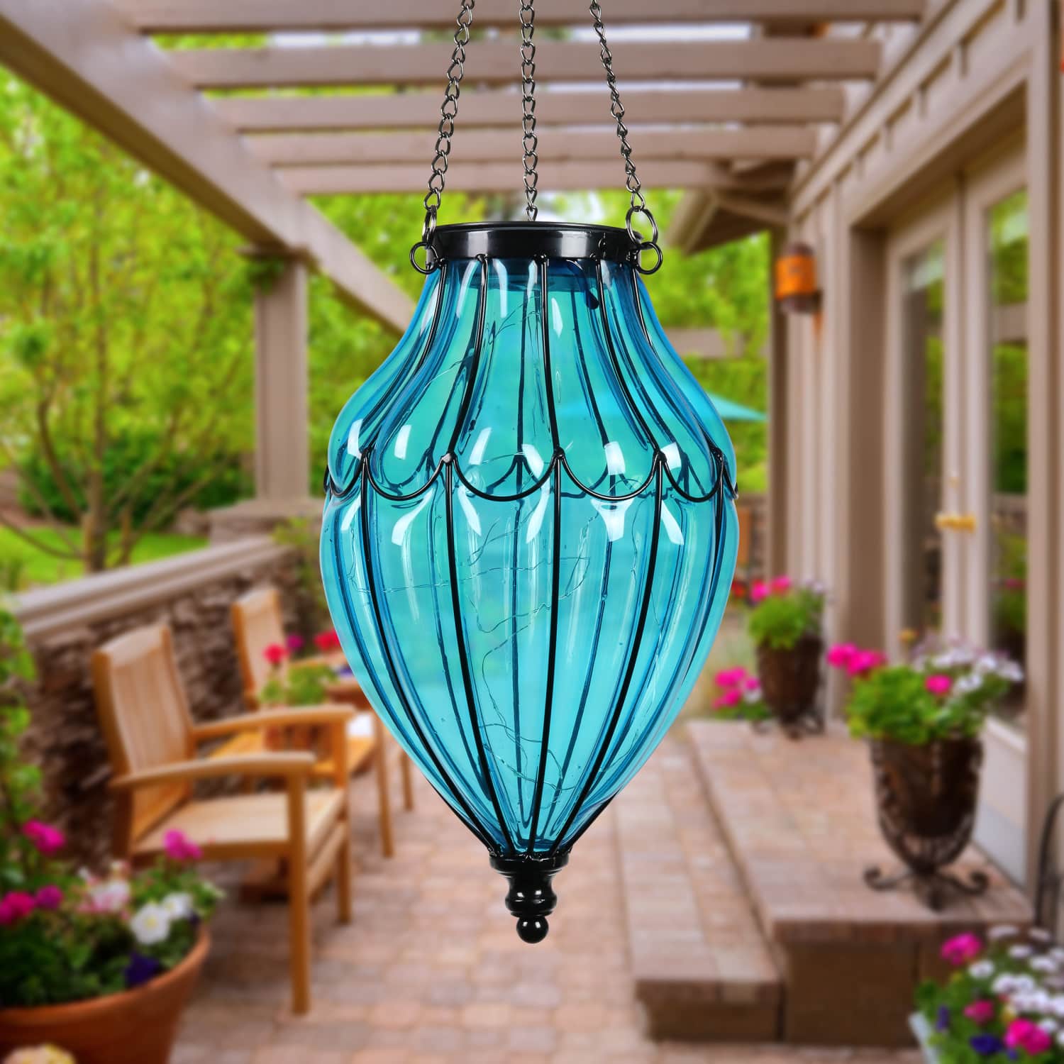 Solar Blue Glass Hanging Lantern with Waving Metal Pattern - Thumbnail 3
