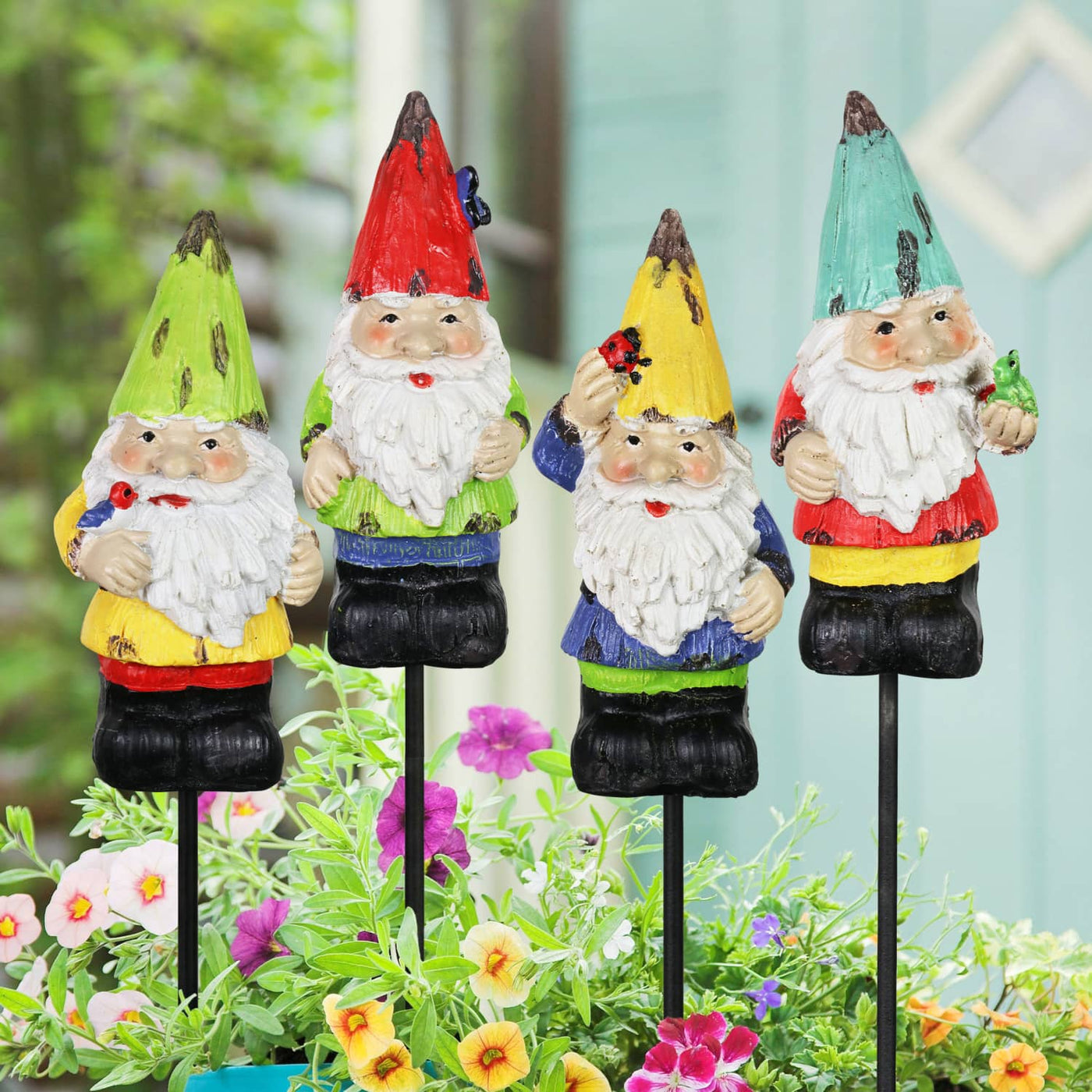 mini pothead gnomes Colorful Mini Garden Gnome Pot Stake Set of Four, 2 by 9 Inches