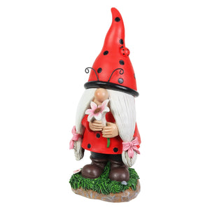 Solar Ladybug Hat Lady Gnome Statue with Pink Flower, 5 by 12.5 Inches | Shop Garden Decor by Exhart