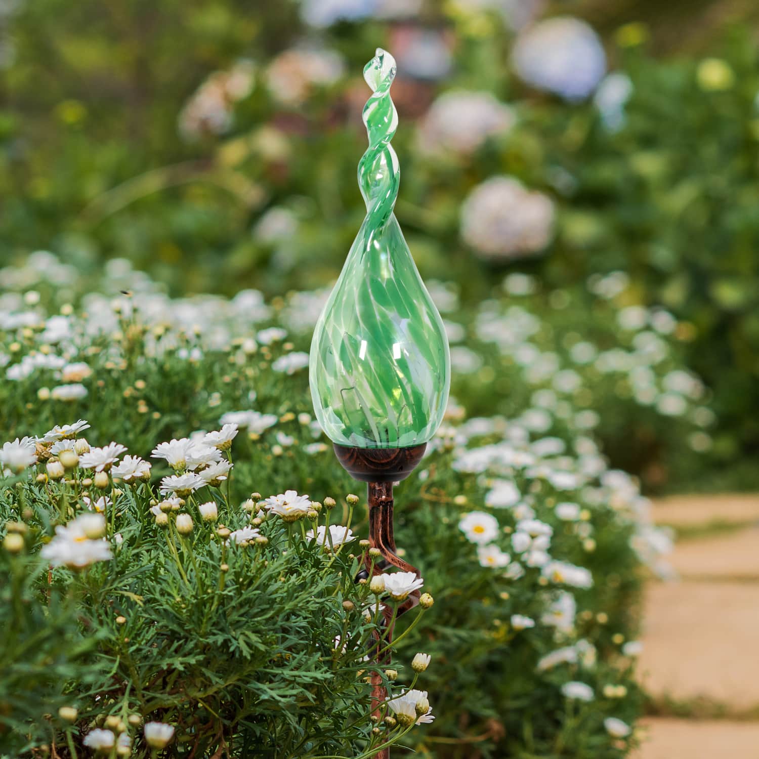 Solar Pearlized Hand Blown Green Glass Twisted Flame Garden Stake with Metal Finial Detail, 36 Inch | Exhart