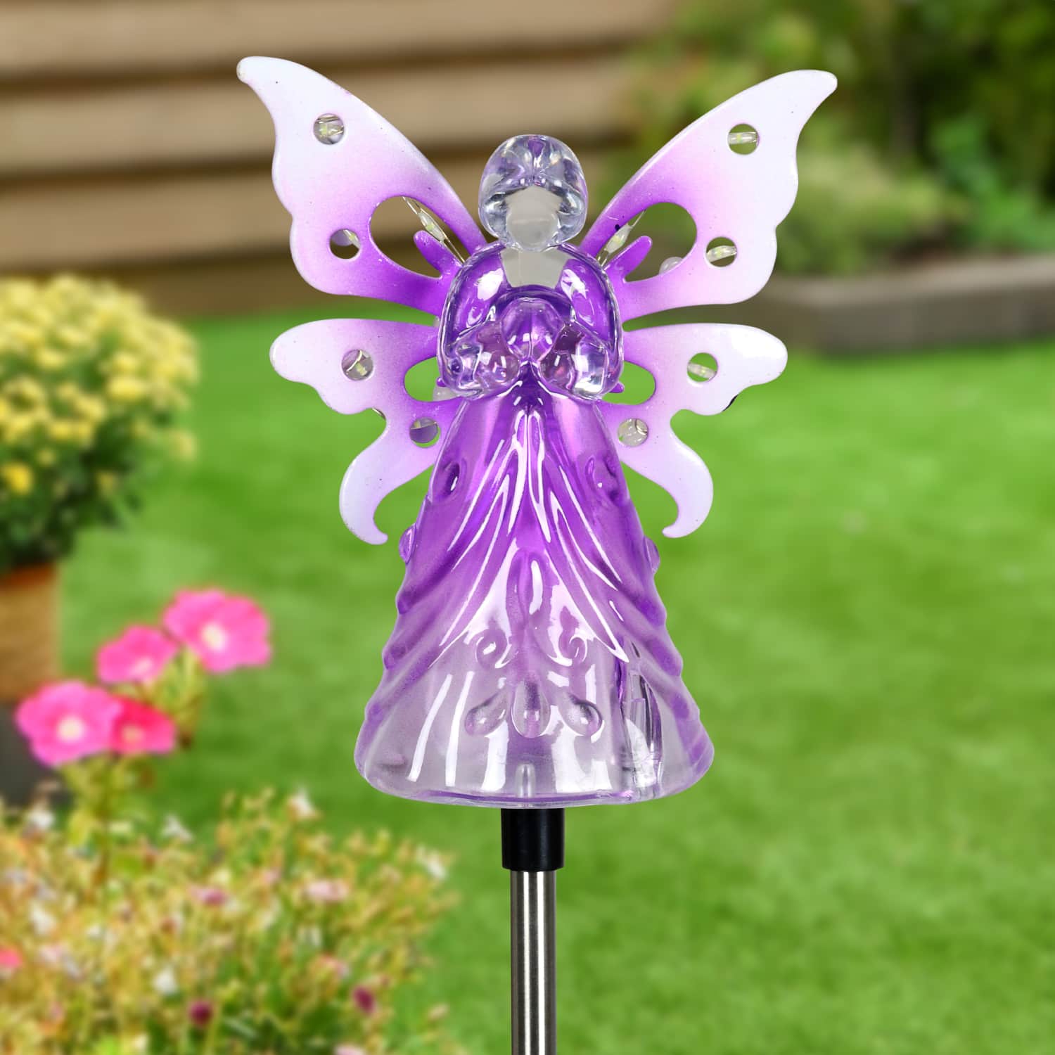 Solar Acrylic Angel with Wings and Twelve LED lights Metal Garden Stake in Purple, 4 by 34 Inches | Exhart