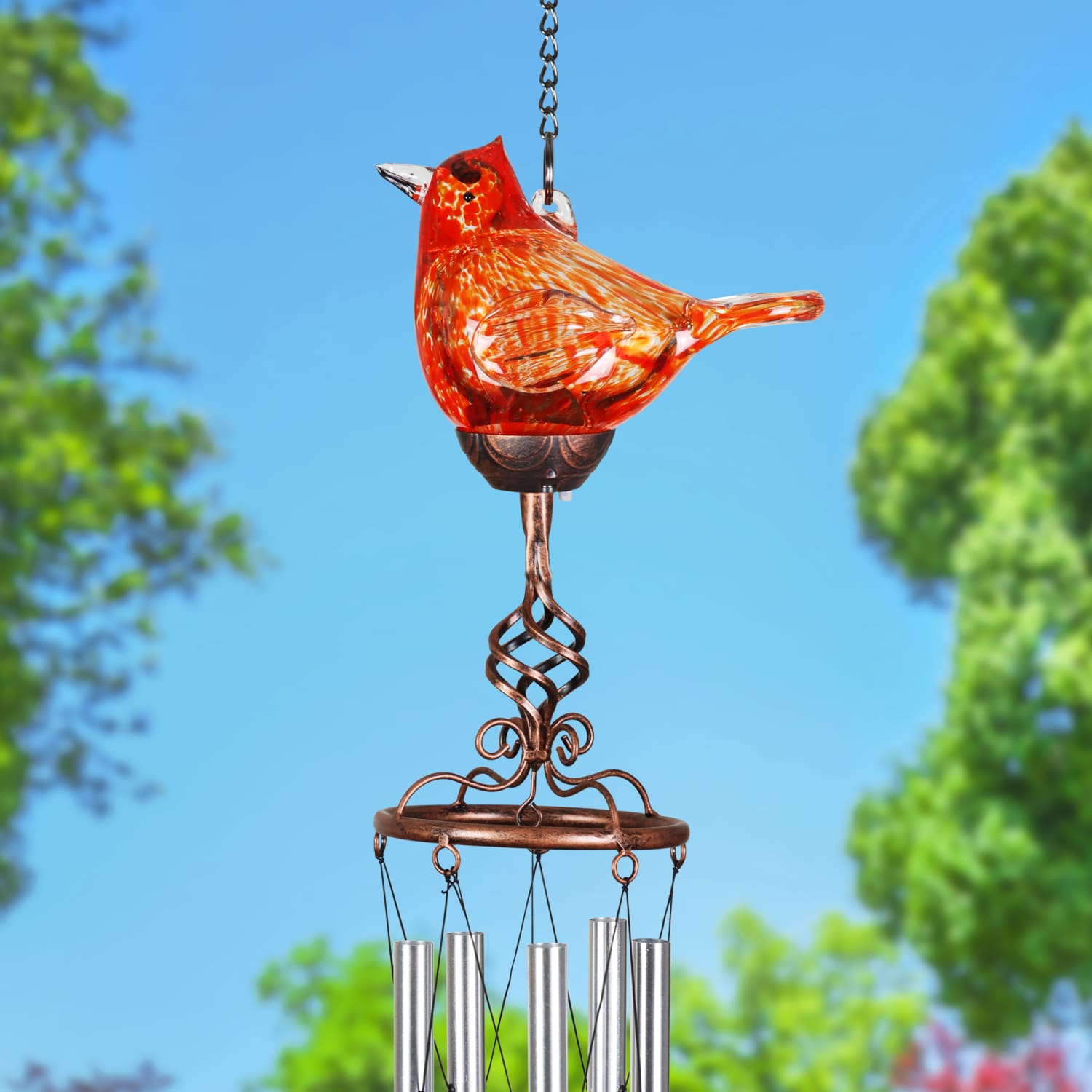Solar Glass Red Cardinal with Metal Finial Wind Chime - Thumbnail 3