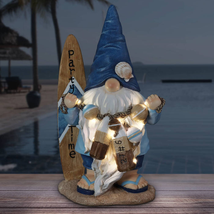 Solar Surfer Beach Hand Painted Garden Gnome Statue with Party Time Surf Board, 7.5 by 12.5 Inches