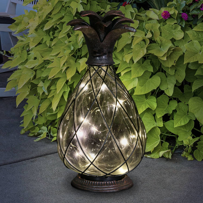 Solar Pineapple Lantern in Bronze with Fifteen LED Firefly String Lights, 13 inch