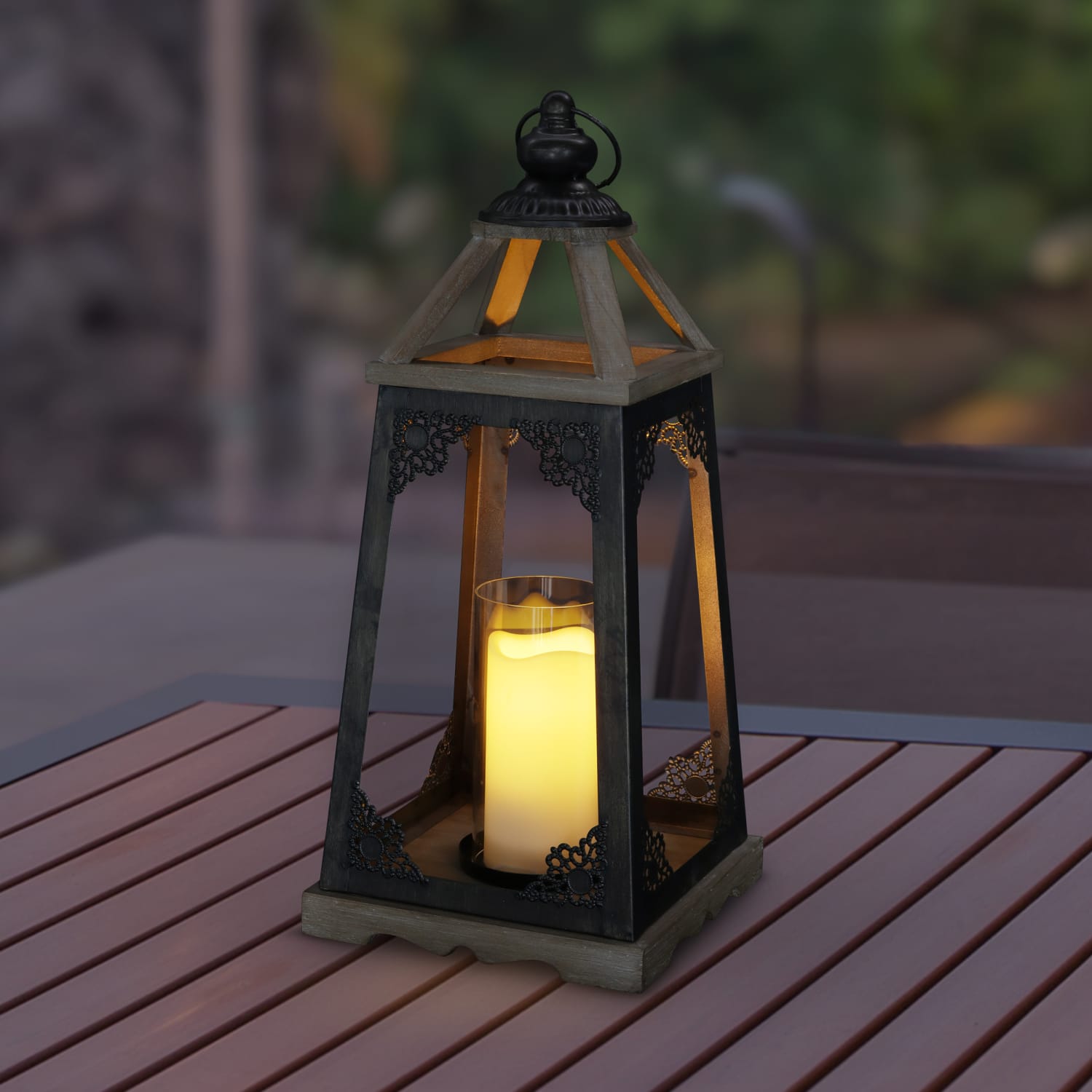 Antiqued Wood and Metal Candle Lantern with LED Candle - Thumbnail 3