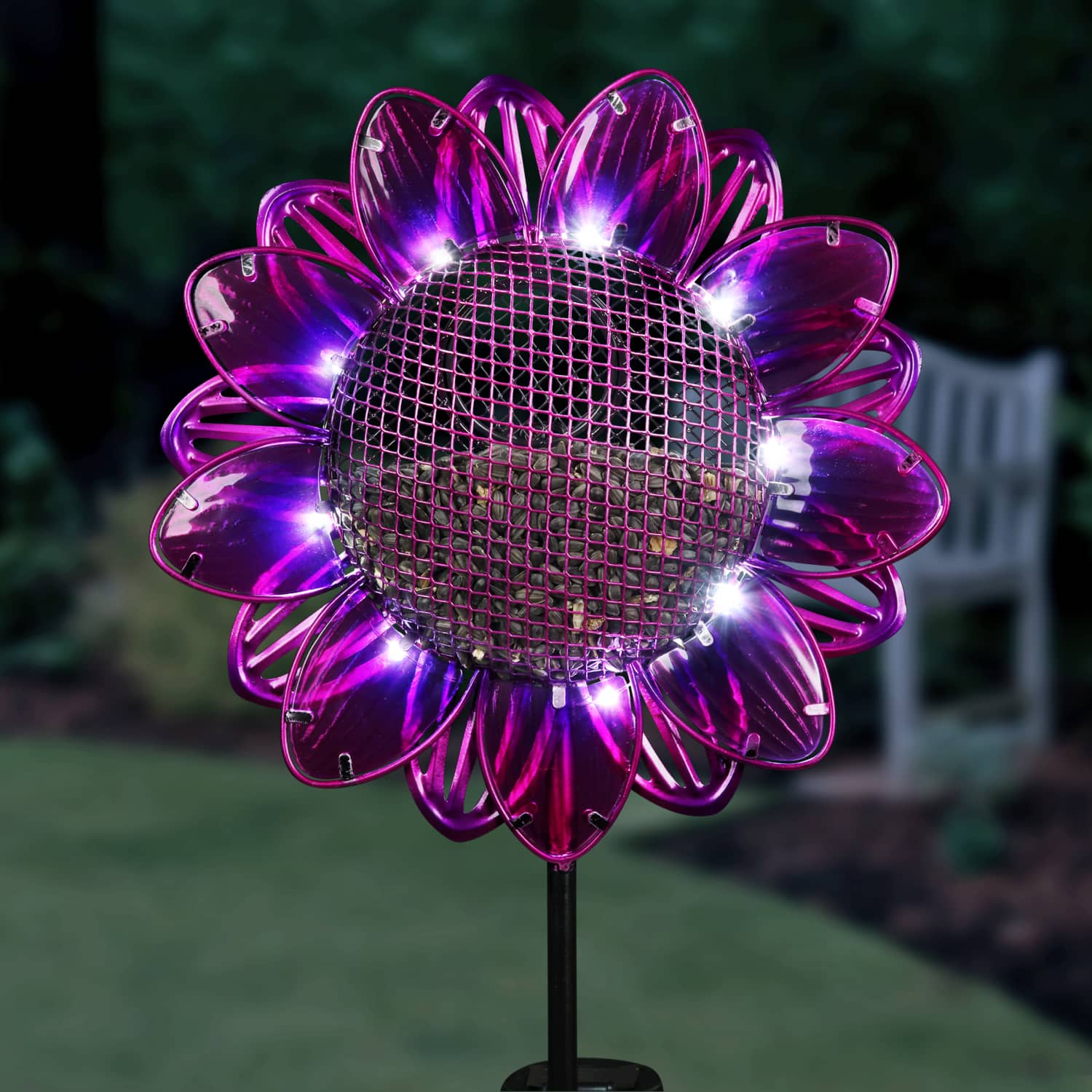 Solar Purple Sunflower Metal and Glass Bird Seed Feeder Garden Stake - Thumbnail 4