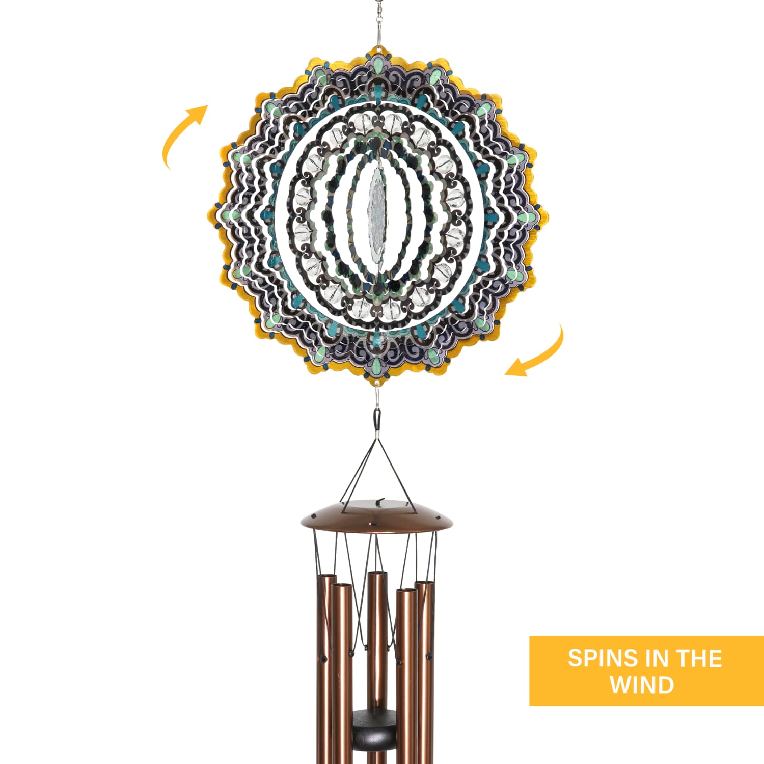 Art-In-Motion Laser Cut Metal Starburst Wind Chime Spinner with Beads and Blue Accents - Thumbnail 3