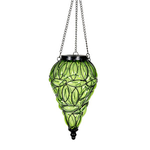 Solar Tear Shaped Glass and Metal Hanging Lantern in Green with 15 Cool White LED Fairy Firefly String Lights, 7 by 24 Inches | Exhart