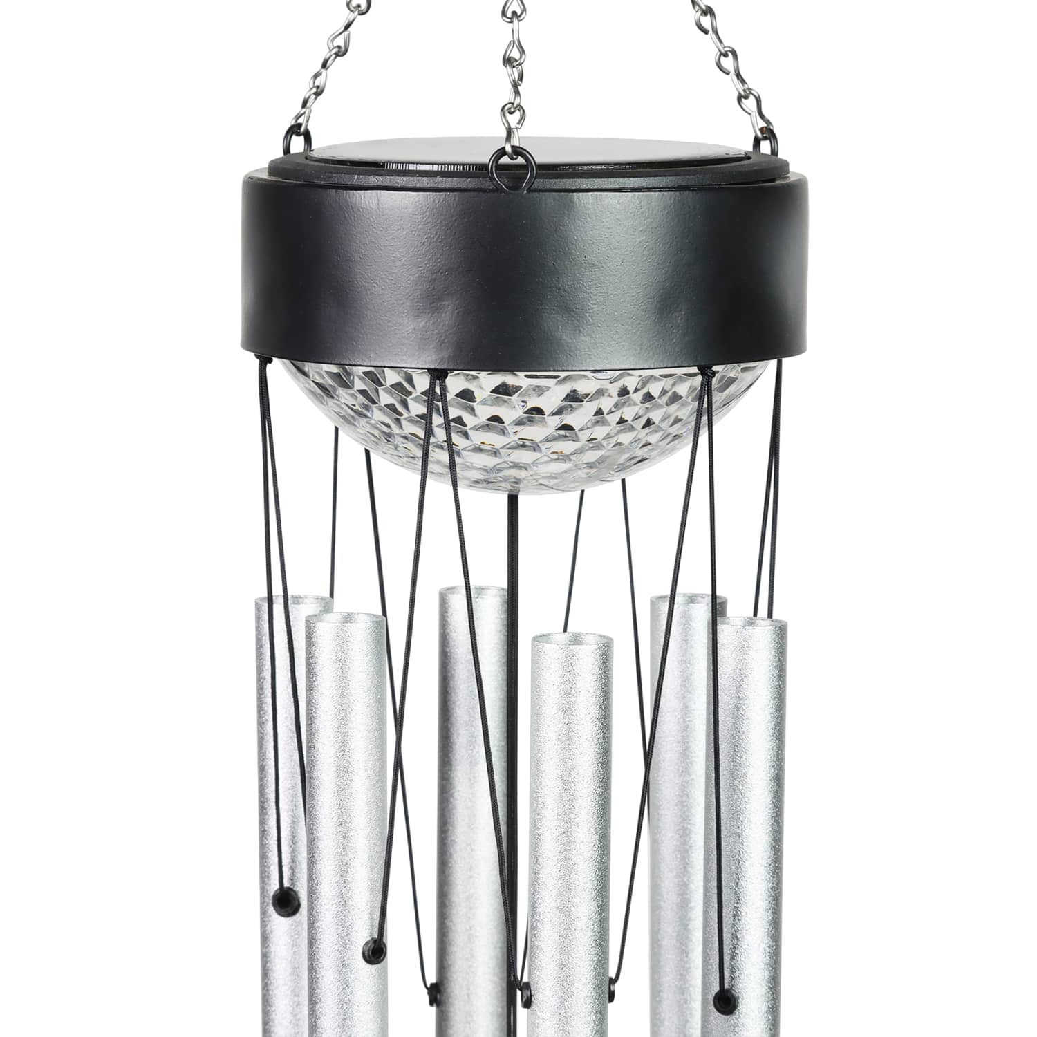 Solar Silver Wind Chime with Black Detailed Top and Round Dangling Charm - Thumbnail 4