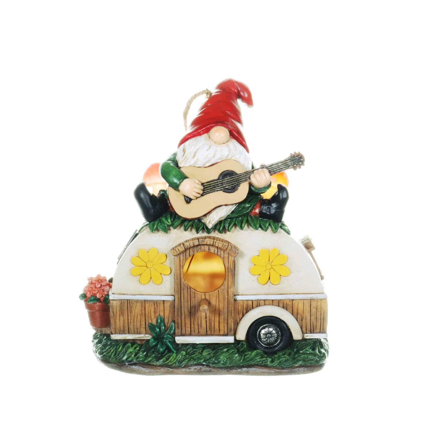 Solar Guitar Gnome on a Camper Hanging Bird House