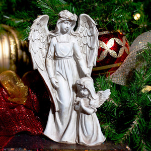 Angel and Little Girl Angel Resin Garden Statue with LED Halo on a Battery Powered Timer, 8 by 14 Inches | Exhart