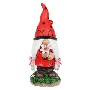 Solar Ladybug Hat Lady Gnome Statue with Pink Flower, 5 by 12.5 Inches | Shop Garden Decor by Exhart
