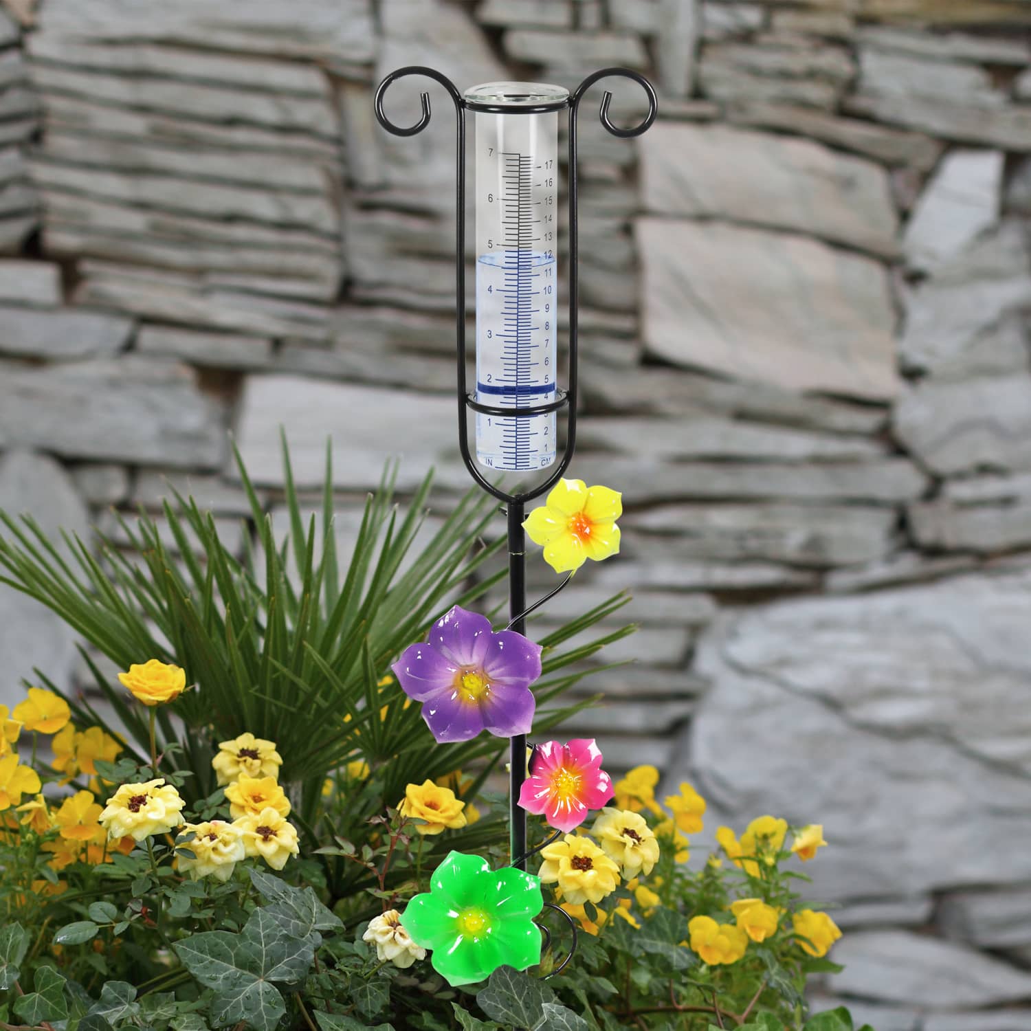Glass and Metal Rain Gauge Garden Stake with Multicolored Hand Painted Flowers - Thumbnail 2