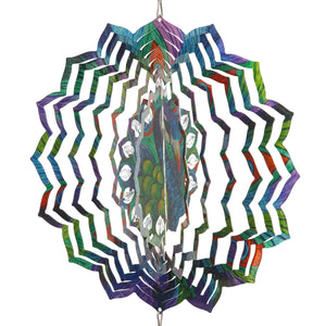 Art-In-Motion Laser Cut Metal Starburst Wind Chime Spinner with Beads and Peacock, 10 Inch Spinner | Exhart