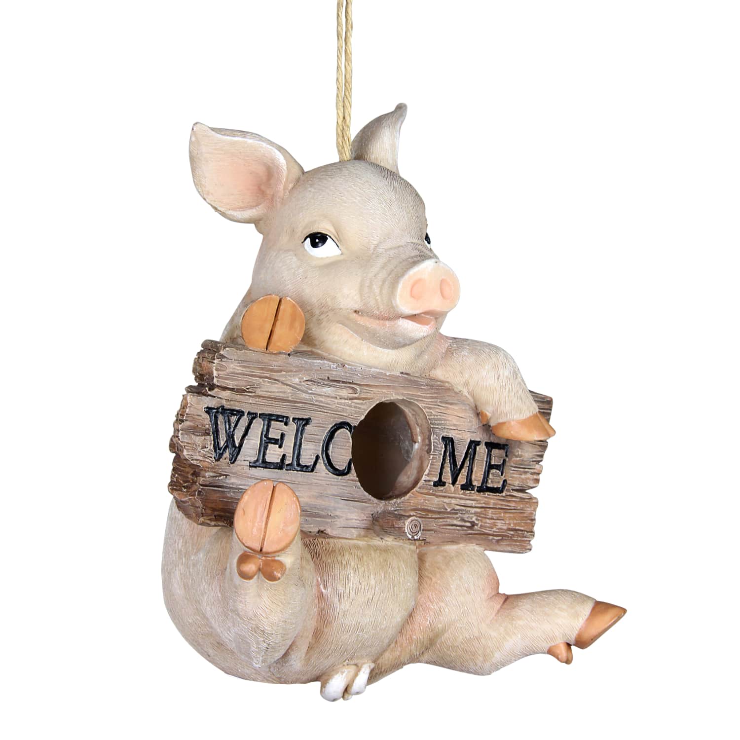 Hand Painted Pig with Welcome Sign Hanging Resin Bird House - Thumbnail 2
