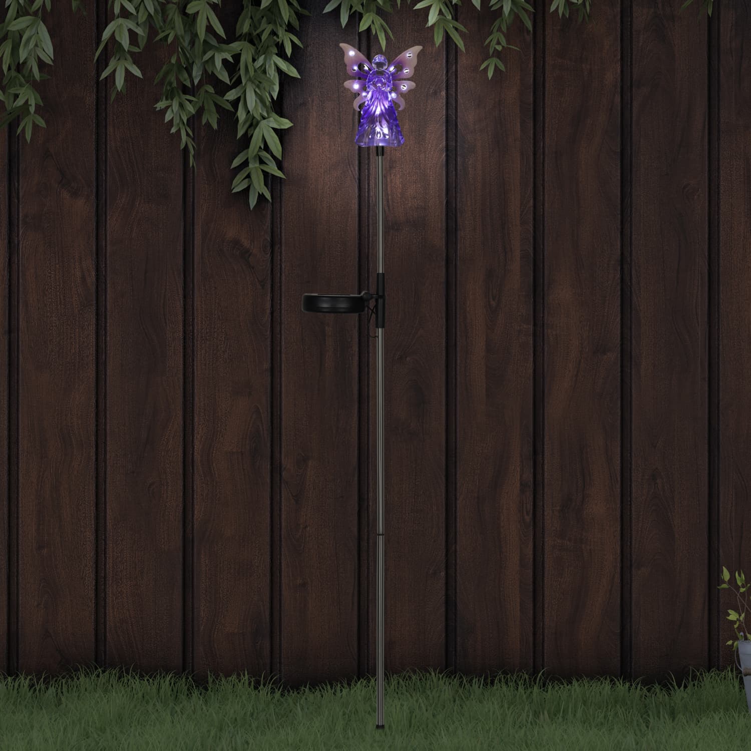 Solar Acrylic Angel with Wings and Twelve LED lights Metal Garden Stake in Purple, 4 by 34 Inches | Exhart