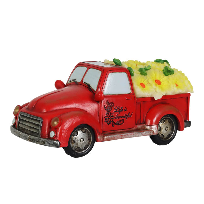 Solar Retro Red Truck with Yellow LED Sunflowers Garden Statuary, 5 Inch