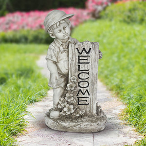Solar Boy with Welcome Sign Statue in Natural Resin Finish, 17 Inch | Shop Garden Decor by Exhart