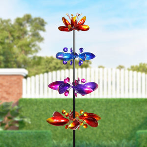 Lotus Flower Wind Spinner Garden Stake with Four Metallic Flowers, 17 by 76 Inches | Shop Garden Decor by Exhart