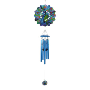 Art-In-Motion Laser Cut Metal Starburst Wind Chime Spinner with Beads and Peacock, 10 Inch Spinner | Exhart